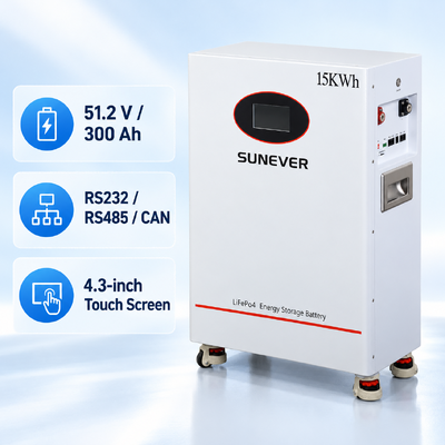 SUNEVER TD-15 15kWh LiFePO4 แบตเตอรี่บ้าน 51.2V 300Ah พื้นที่ยืน พลังงานแสงอาทิตย์