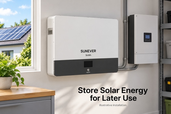 แบตเตอรี่ลิเธียมไอออนฟอสเฟต SUNEVER 5kWh แบบติดผนังสำหรับเก็บพลังงานแสงอาทิตย์ 51.2V 100Ah สำหรับระบบกักเก็บพลังงานแสงอาทิตย์